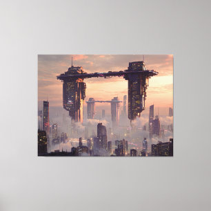 Futuristic floating megastructures above the city canvas print