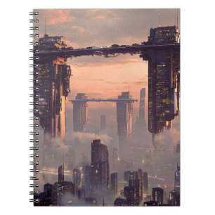 Futuristic floating megastructures above the city notebook