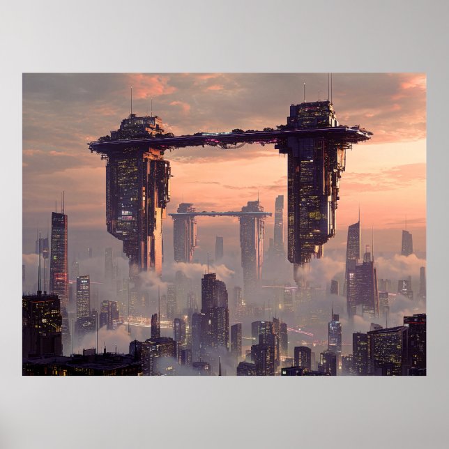 Futuristic floating megastructures above the city poster (Front)
