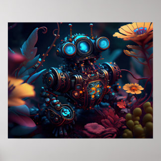 Futuristic Flowers Robot Poster