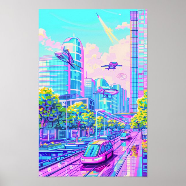 Futuristic Flying Cars Landscape Poster (Front)