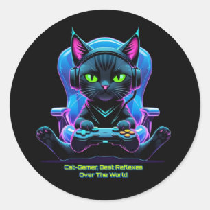 Futuristic gamer cat with joystick and feline atti classic round sticker