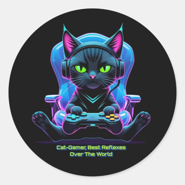 Futuristic gamer cat with joystick and feline atti classic round sticker (Front)