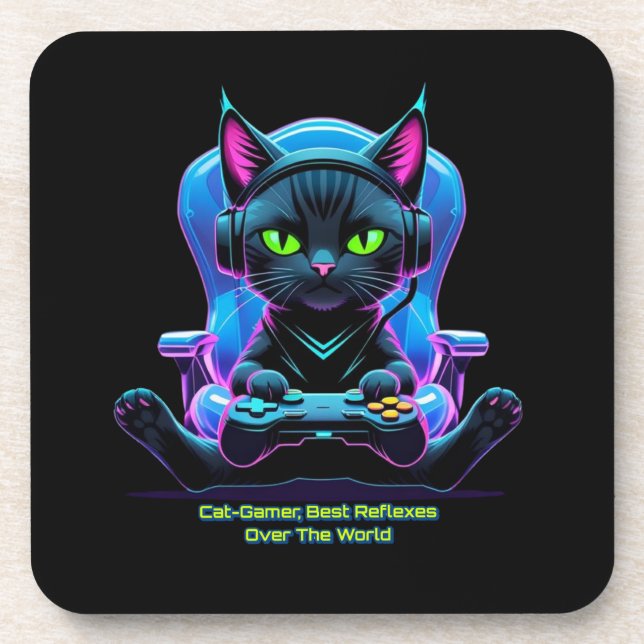 Futuristic gamer cat with joystick and feline atti coaster (Front)