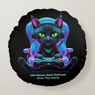 Futuristic gamer cat with joystick and feline atti round cushion