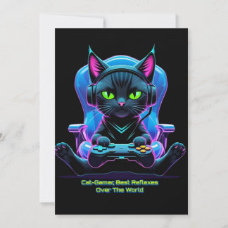 Futuristic gaming cat with joystick and feline att invitation