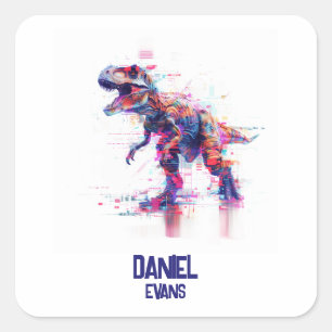 Futuristic Glitch T-Rex Dinosaur  With Kids Name Square Sticker