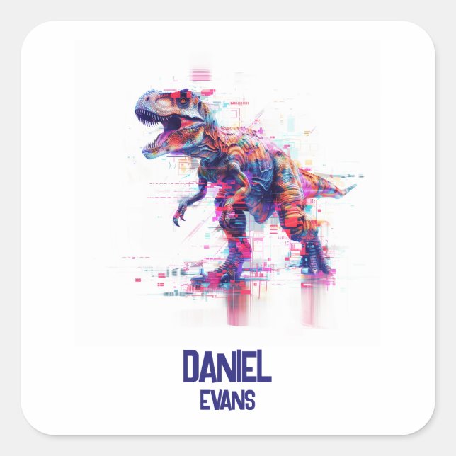 Futuristic Glitch T-Rex Dinosaur  With Kids Name Square Sticker (Front)