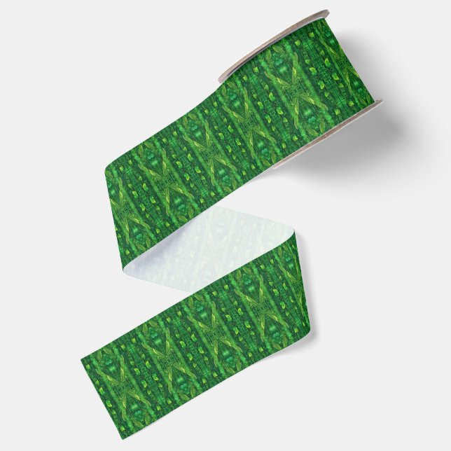 Futuristic green leafy abstract pattern grosgrain ribbon (Front+Back)