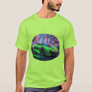 Futuristic Green Sports Car in Neon-Lit Urban City T-Shirt