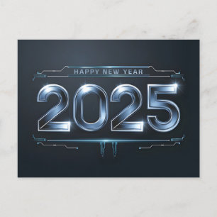 Futuristic Happy New Year 2025 on dark Holiday Postcard