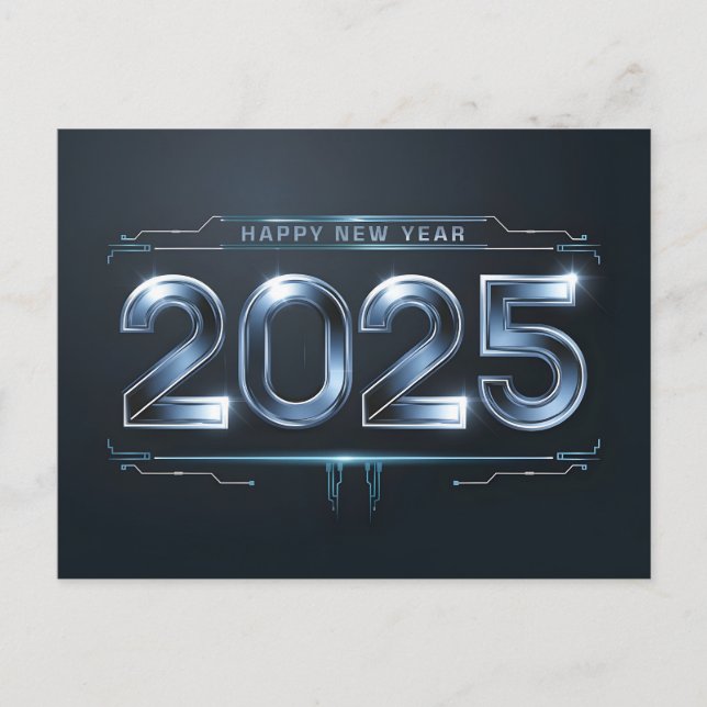 Futuristic Happy New Year 2025 on dark Holiday Postcard (Front)