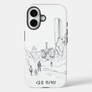 Futuristic Landscape Sketch with Figures iPhone 16 Case