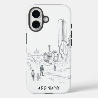 Futuristic Landscape Sketch with Figures iPhone 16 Case