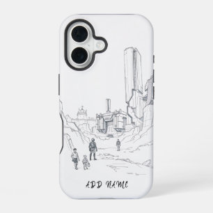 Futuristic Landscape Sketch with Figures iPhone 16 Case