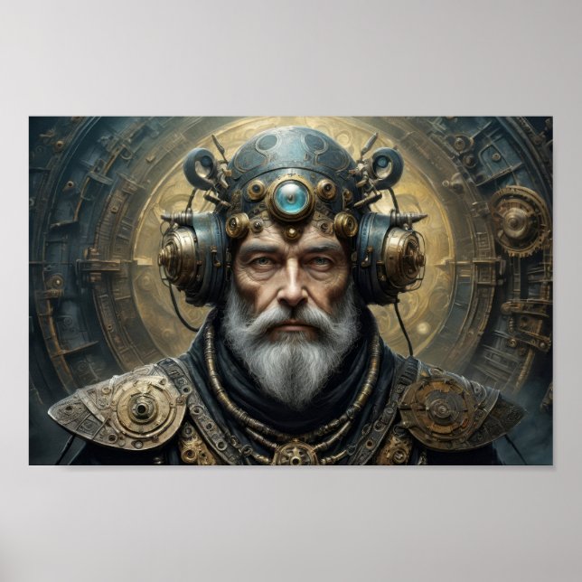 Futuristic man, steampunk armour and psycho helmet poster (Front)