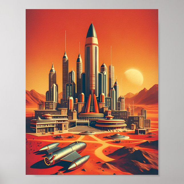 Futuristic Martian City Poster Mid-Century Style (Front)