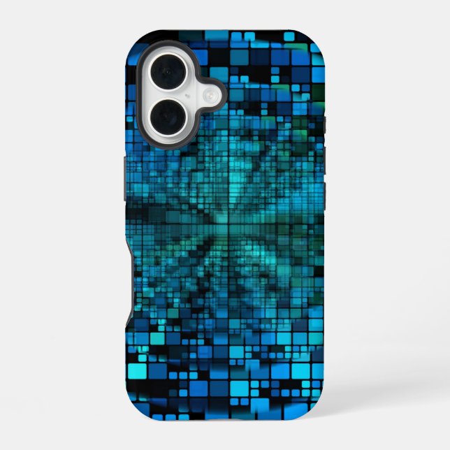 Futuristic Matrix | Blue Pixels Custom iPhone 16 Case (Back)