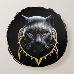 Futuristic Metallic Panther with Golden Accents Round Cushion