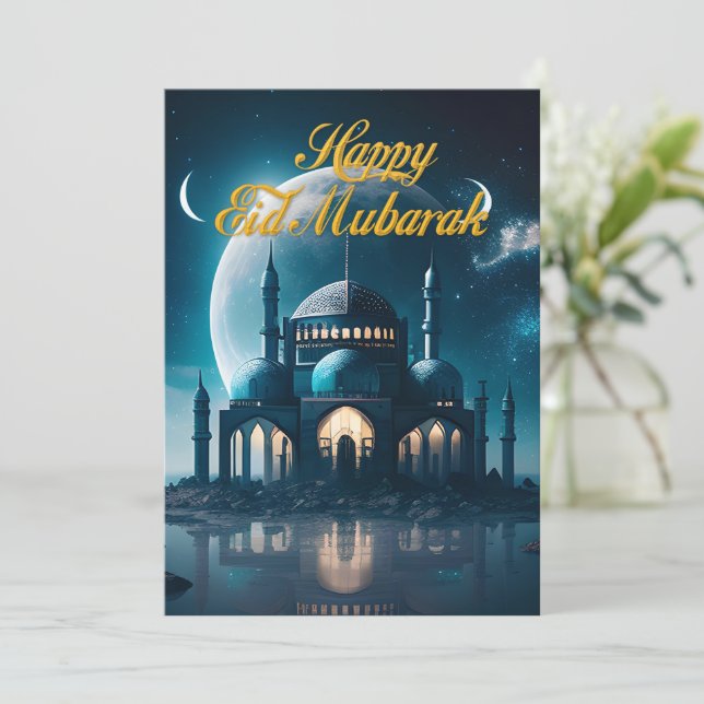 Futuristic Mosque In The Moonlight Holiday Card (Standing Front)