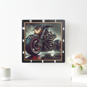 Futuristic Motorcycle With LED Lights Displaying Square Wall Clock