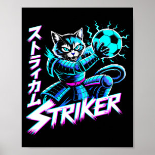 Futuristic Neon Cat Striker Cyberpunk Soccer Fans Poster