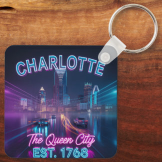 Futuristic Neon Cyberpunk Charlotte Cityscape Key Ring