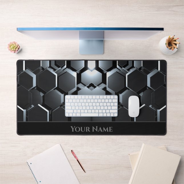 Futuristic neon glowing black hexagonal shapes desk mat (Office 1)