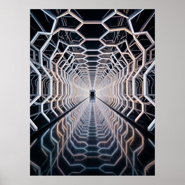Futuristic Neon Hex Tunnel Poster (Front)