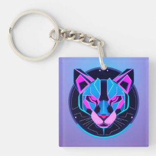 Futuristic Neon panther Face in Geometric Art Key Ring