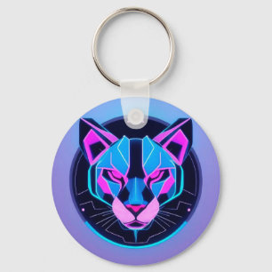 Futuristic Neon panther Face in Geometric Art Key Ring
