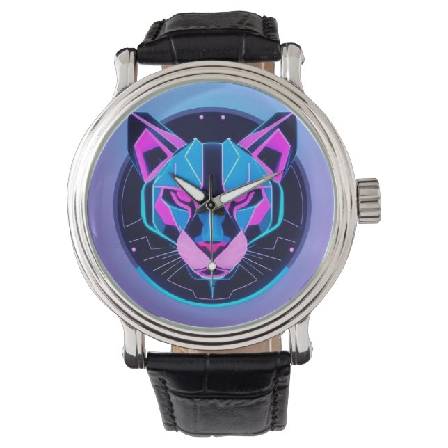 Futuristic Neon panther Face in Geometric Art Watch (Front)