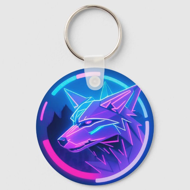 Futuristic Neon Wolf Face in Geometric Art Key Ring (Front)