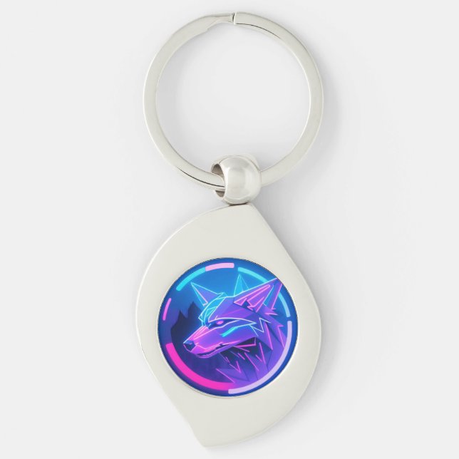 Futuristic Neon Wolf Face in Geometric Art Key Ring (Front)