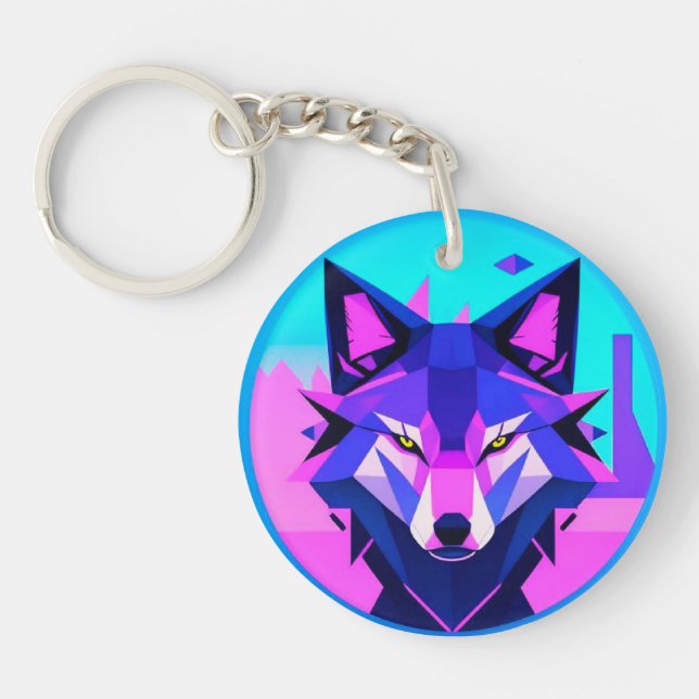 Futuristic Neon Wolf Face in Geometric Art Key Ring (Front)