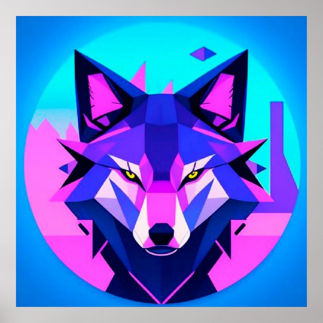 Futuristic Neon Wolf Face in Geometric Art Poster (Front)