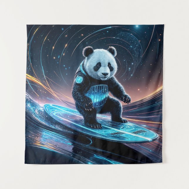 Futuristic Panda Surfing Stardust Waves Tapestry (Front)