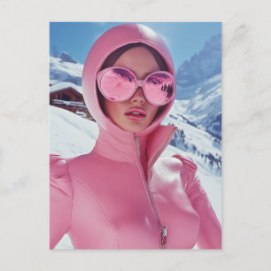 Futuristic Pink Ski Fashion - Stylish Winter Glam Postcard