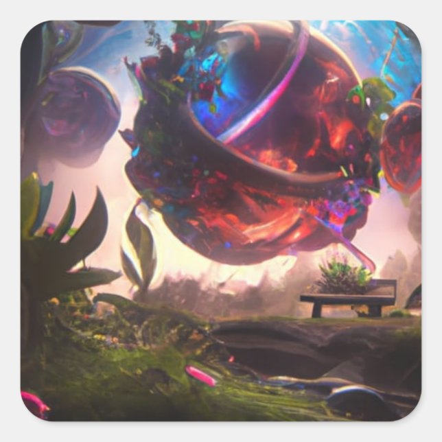 Futuristic Planet and Garden Art Square Sticker (Front)
