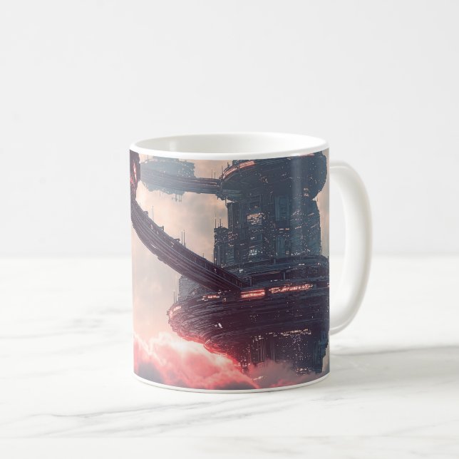 Futuristic platforms in the clouds at twilight coffee mug (Front Right)