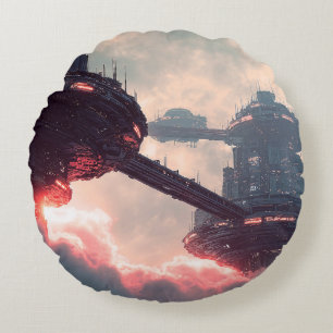 Futuristic platforms in the clouds at twilight round cushion