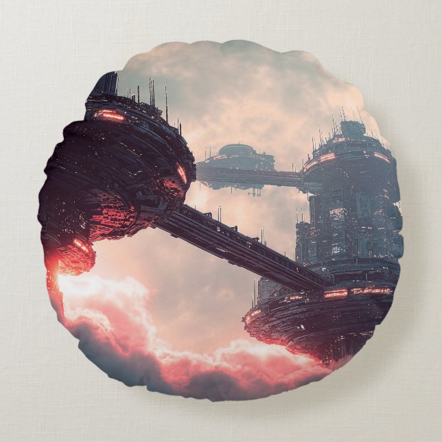 Futuristic platforms in the clouds at twilight round cushion (Front)
