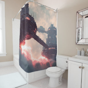 Futuristic platforms in the clouds at twilight shower curtain