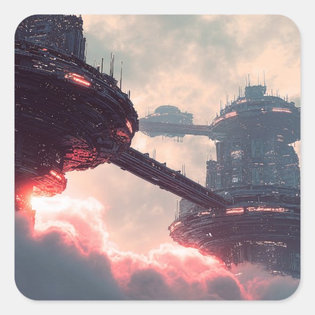 Futuristic platforms in the clouds at twilight square sticker (Front)