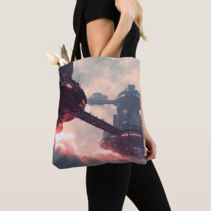 Futuristic platforms in the clouds at twilight tote bag