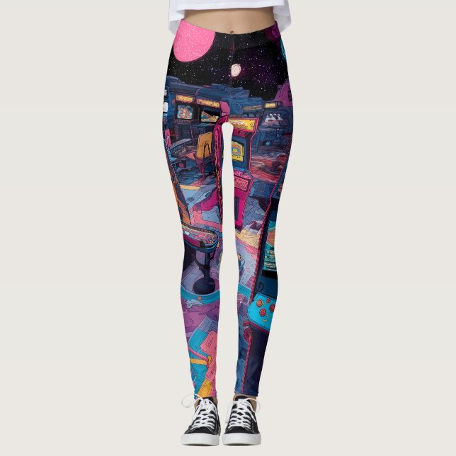 Futuristic Retro Arcade in Outer Space Leggings (Front)