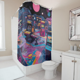Futuristic Retro Arcade in Outer Space Shower Curtain