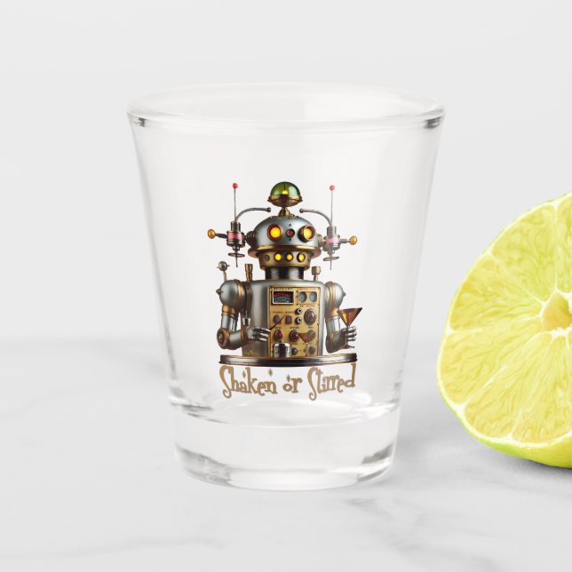 Futuristic Robot Bartender "Shaken or Stirred" Shot Glass (Front)