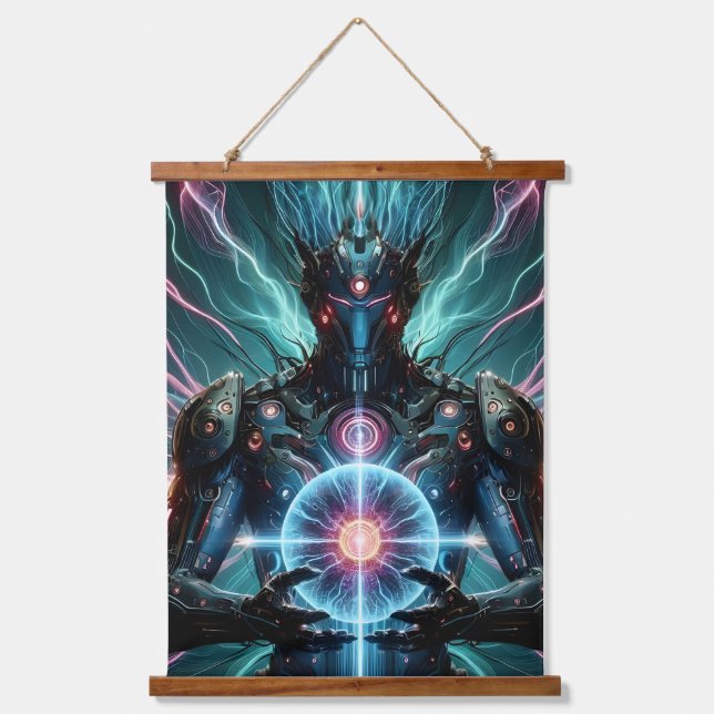 Futuristic Robot Cosmic Core Cyberpunk Hanging Tapestry (Front)