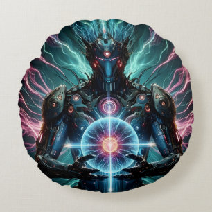Futuristic Robot Cosmic Core Cyberpunk Round Cushion